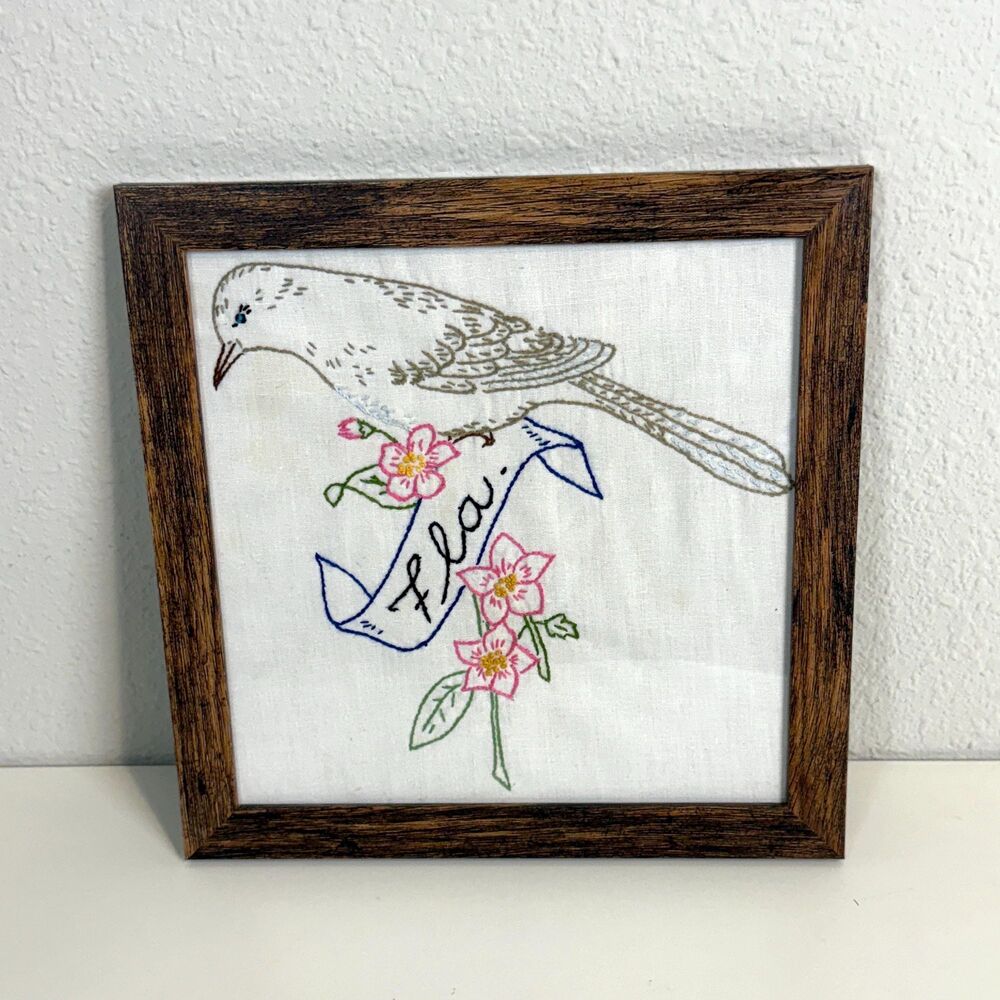 Handmade Vintage Florida State Bird & Flower Framed 9x9”